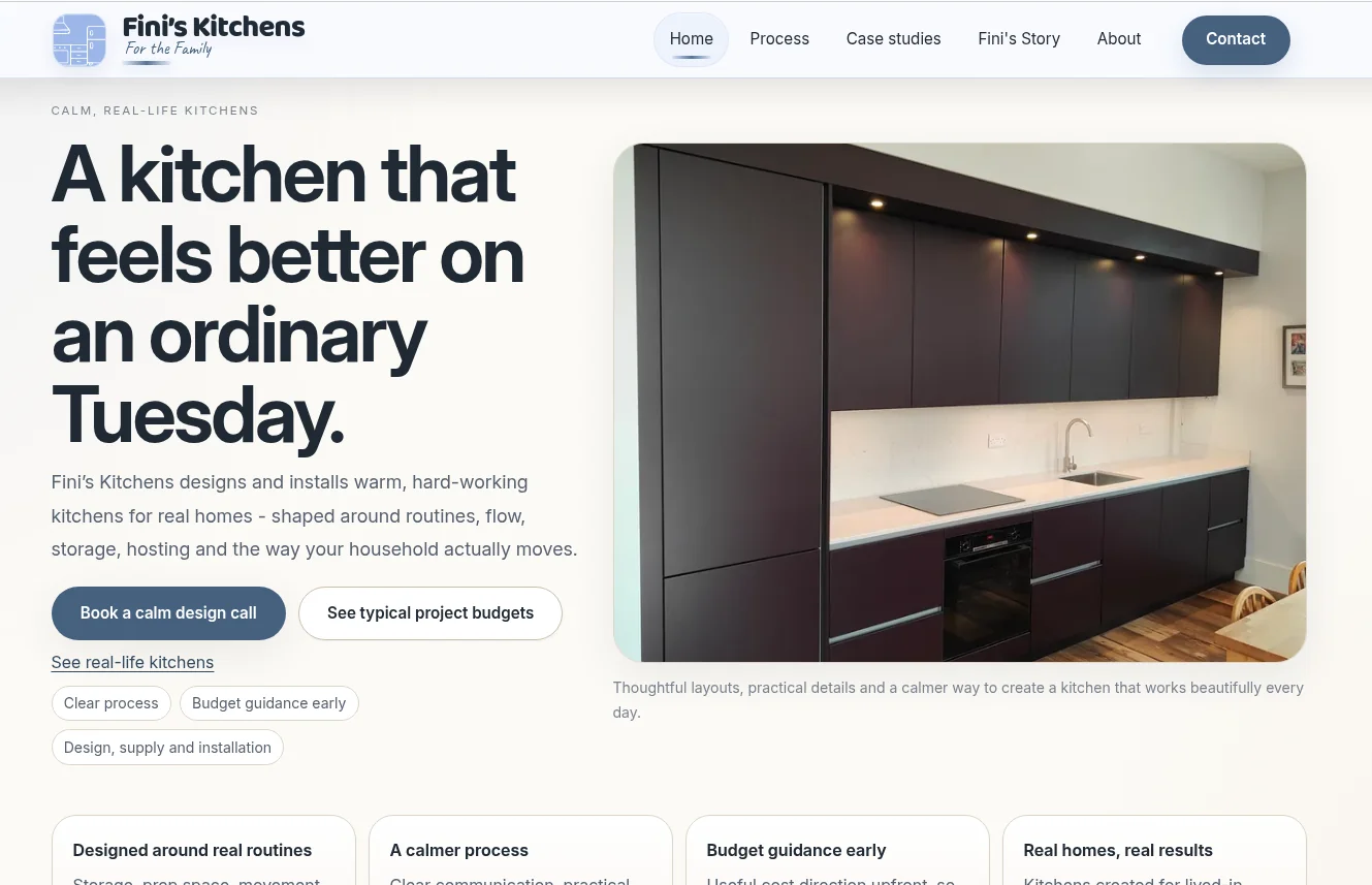Screenshot of the Fini’s Kitchens website homepage